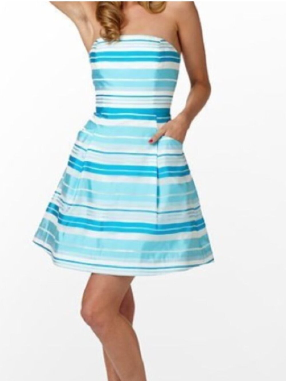 Lilly Pulitzer Blossom Dress Blue and White Stripe Strapless Silk Dress Size 6